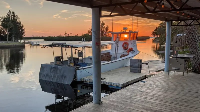 Our boat at the dock, sunset