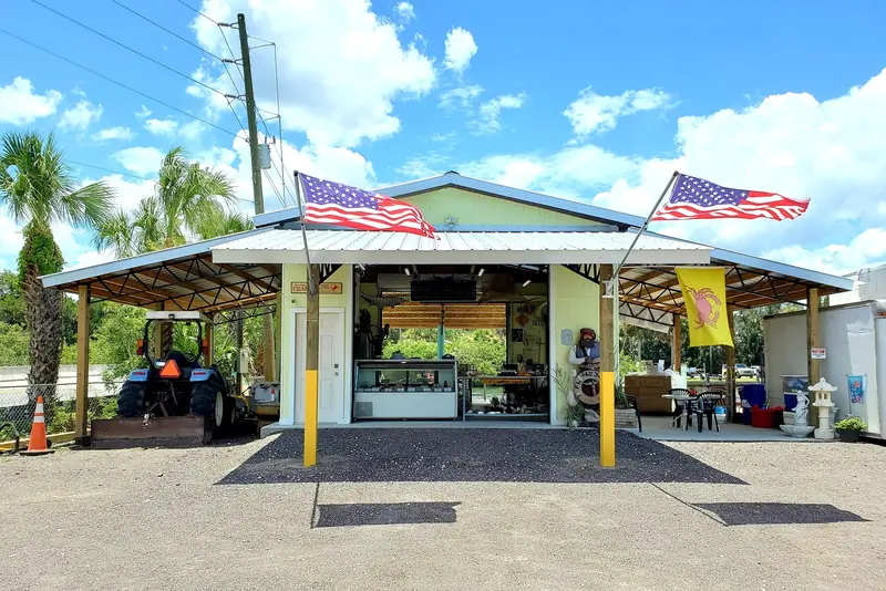 The market by the bridge, flags out front
