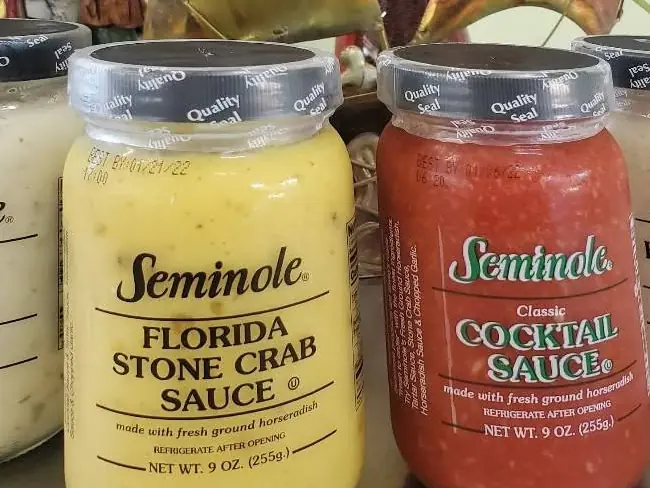 Jars of Seminole Florida stone crab sauce and Seminole cocktail sauce